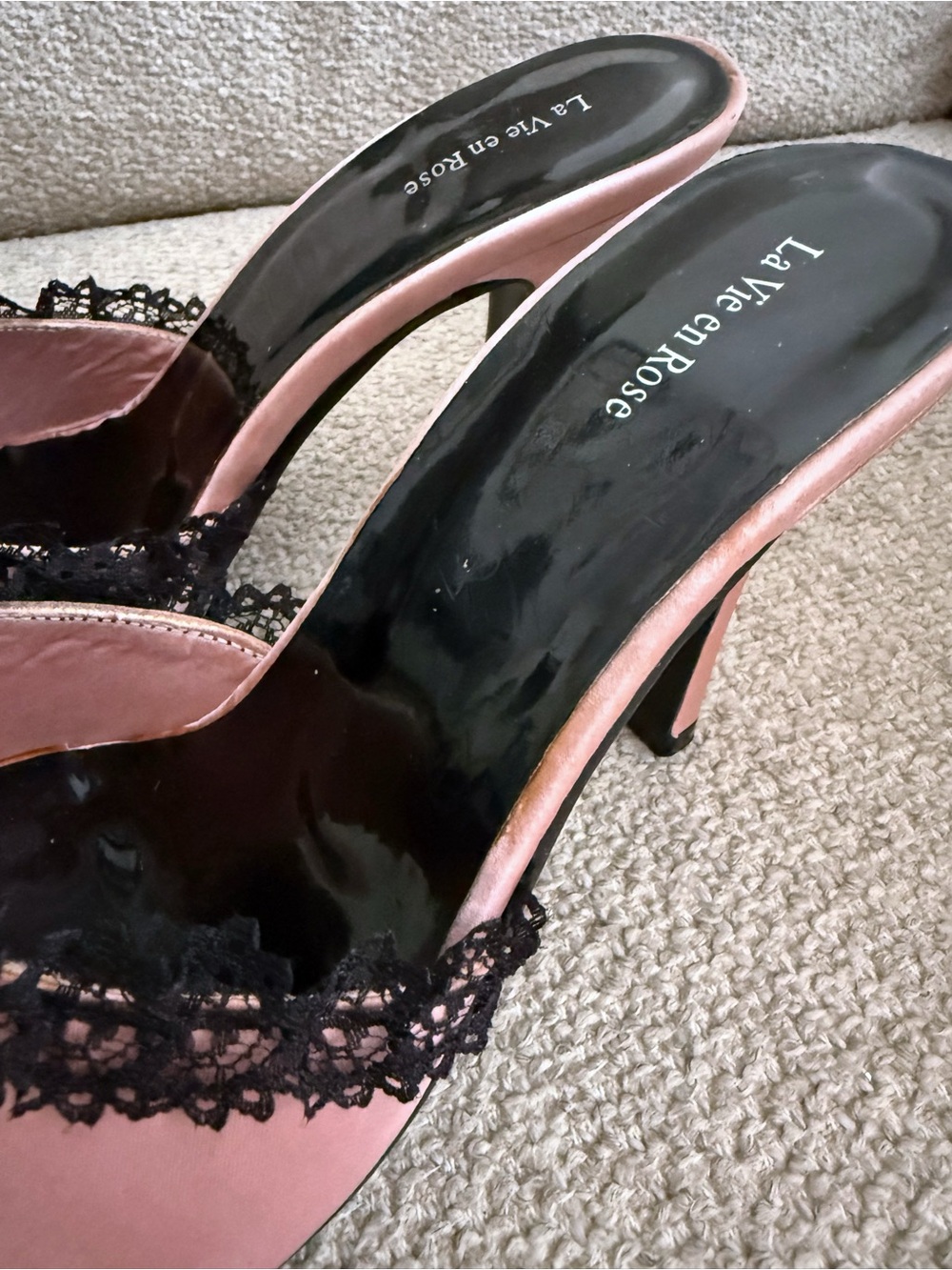 Y2K La Vie en Rose Pink Satin Heeled Sandals with Black Lace and Bow - Picture 3 of 6